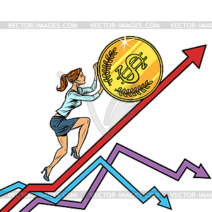 Woman businesswoman roll USA dollar coin up - vector clipart