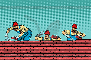 Construction team laying brick wall background - vector image