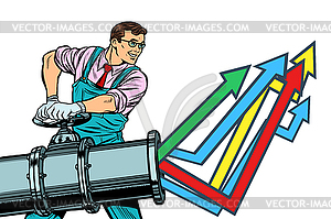 Businessman opens pipe, growth chart up. Isolate - vector clipart