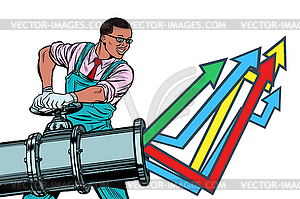 African businessman opens pipe, growth chart up. - vector clipart