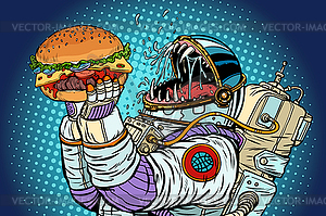 Astronaut monster eats burger. Greed and hunger of - stock vector clipart