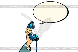 Retro phone handset in male hand - vector clipart