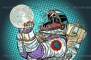 Astronaut monster eats Moon. Greed and hunger of - vector image