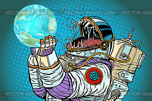 Astronaut monster earth planet. Greed and hunger - vector EPS clipart