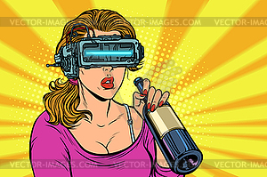 VR glasses. Woman drinking wine of bottle. - vector clipart