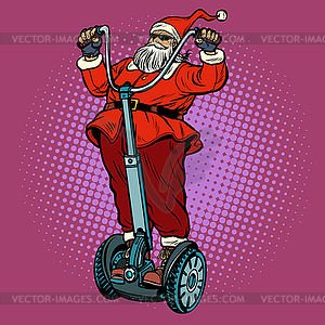 Santa Claus biker with Christmas gifts rides an - vector clip art