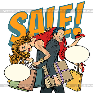 Man carries woman in his arms, sale - vector image