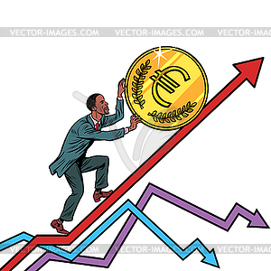 African American man roll euro coin up - vector image