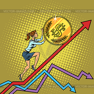 Woman businesswoman roll USA dollar coin up - vector clipart