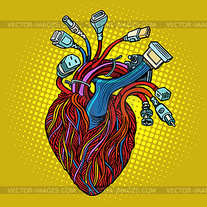 Cyber heart. Wires and cables - vector clip art