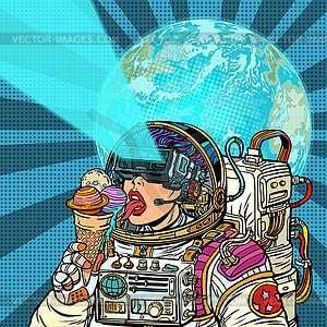 Virtual reality. Woman astronaut and space dreams - vector clipart