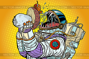 Astronaut Monster Eats Mushroom - vector image