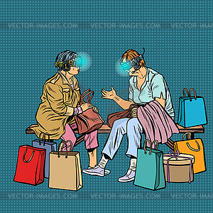 Elderly women online shopping, virtual reality and - vector clipart