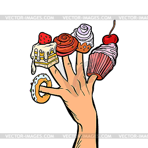 Sweets cake cupcake donut marshmallow on fingers - vector clip art