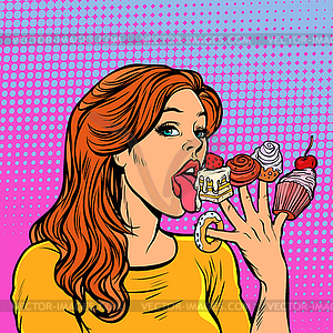 Beautiful woman licking sweets of her fingers - royalty-free vector clipart