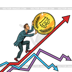 Бизнесмен рулон биткойн монеты вверх - векторный дизайн