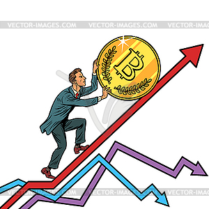 Businessman roll bitcoin coin up - vector image