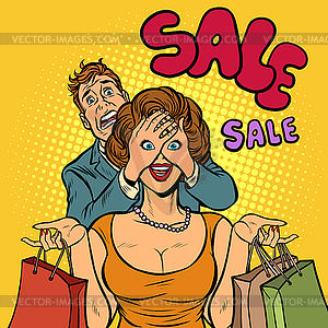 Husband and wife on sale shopping - vector clipart