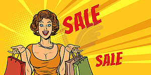 Joyful woman shopping on sale - vector image