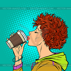 Modern woman drinks paper Cup of coffee. Girls 80s - vector clipart / vector image