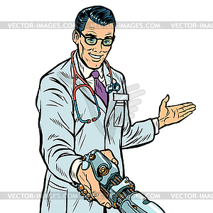 Doctor handshake to robot, medicine and health care - color vector clipart