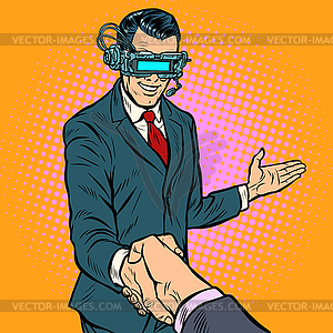 Businessman shaking hands in virtual reality - vector image