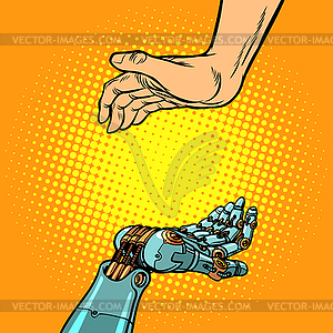 Human and robot hands. presentation gesture - vector image