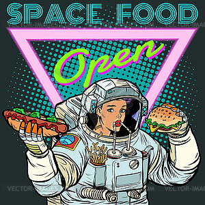 Space food. Woman astronaut eats. Cola, hot dog - vector image