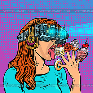 Женщина в очках виртуальной реальности, едят сладости - изображение в векторе / векторный клипарт