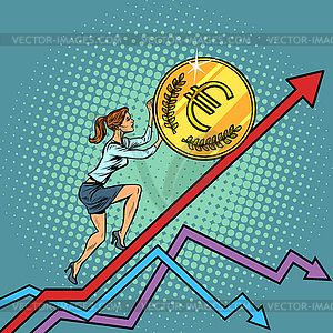 Woman businesswoman roll euro coin up - vector clip art