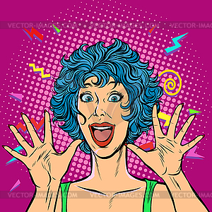 Joyful woman, Girls 80s. Surprised cute smile - color vector clipart