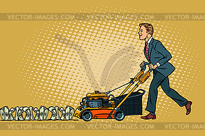 Businessman cuts money like lawnmower man. Wealth - vector clip art