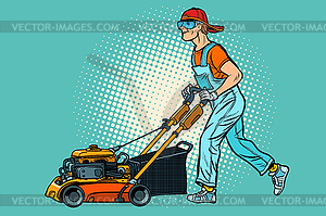 Lawn mower worker. Profession and service - vector image