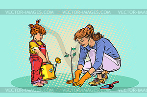 Mother and daughter working in garden, planting - vector image