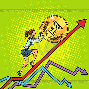 Woman businesswoman roll yen coin up - vector clipart