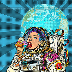 Woman astronaut eats planets of solar system, like - vector image