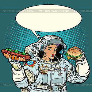 Pop art. Woman astronaut eats. Cola, hot dog and - vector clipart