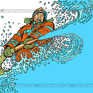 Firefighter puts out fire with water of fire engine - vector clipart