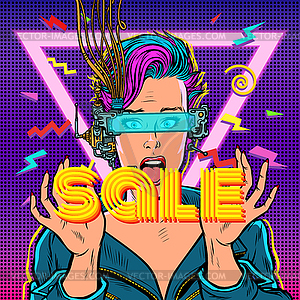 Sale. online shopping. surprised woman in virtual - color vector clipart