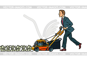 Businessman cuts money like lawnmower man. Isolate - vector image