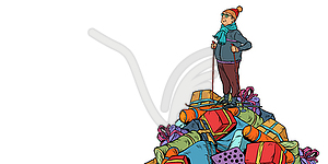 Christmas sale Shopping gifts. skier middle-aged - vector clip art