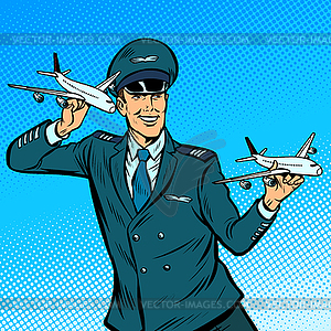Пилот самолета. Модельный самолет в руке - векторное графическое изображение