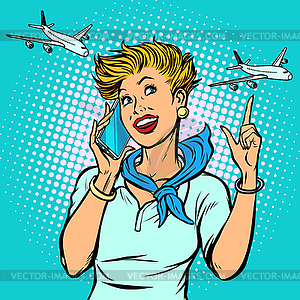 Stewardess at airport talking on phone - vector clipart