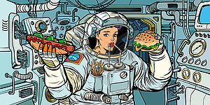 Woman astronaut eats in spaceship - vector image