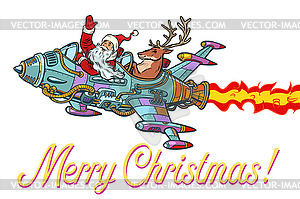 Merry Christmas. Retro Santa Claus with deer - vector clip art