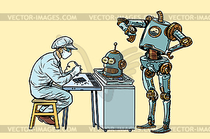 Robot came to repair head. Electronics engineer - vector image