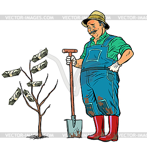 Old gardener grows dollars on tree - vector clipart