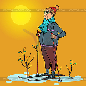 Skier man spring in forest, sun - royalty-free vector clipart