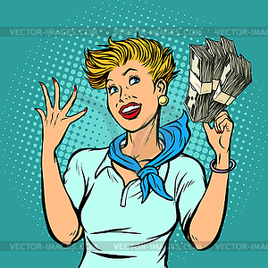 Flight attendant counts dollars - vector image