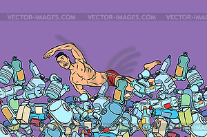 Swimmer at plastic waste. ocean pollution. ecology - vector clipart